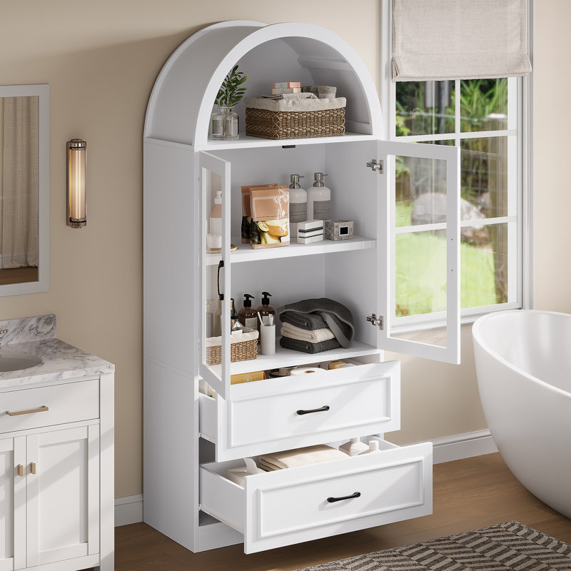 Armoire de rangement néo-classique arquée avec portes en verre trempé et tablettes fixes Fleeton, White, 2