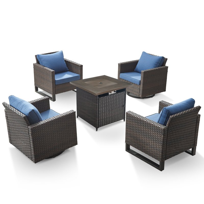 Ensemble de conversation d'extérieur en osier pour 4 personnes avec foyer et coussins Nazime PE, Bleu