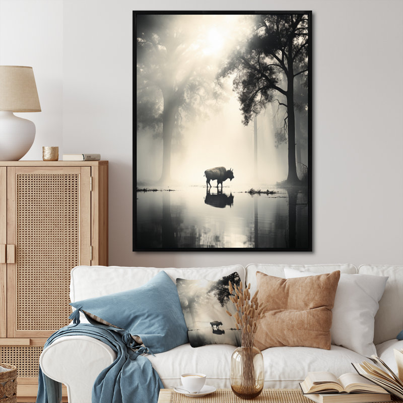 " Gray Buffalo Ethereal Grazing ", 40" H x 30" W x 1.5" D, Black Floater Framed