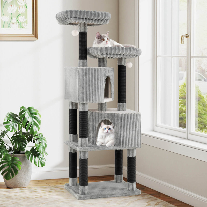 Grand arbre à chat multi-niveaux avec 2 condos, 2 lits perchoirs, poteaux à griffes, boules