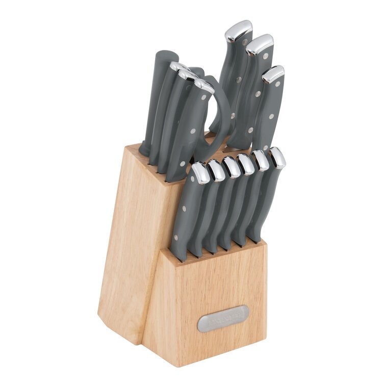 Farberware 15-Piece Triple Riveted Knife Set, High-Carbon Stainless Steel with Ergonomic Handles, Wood Block