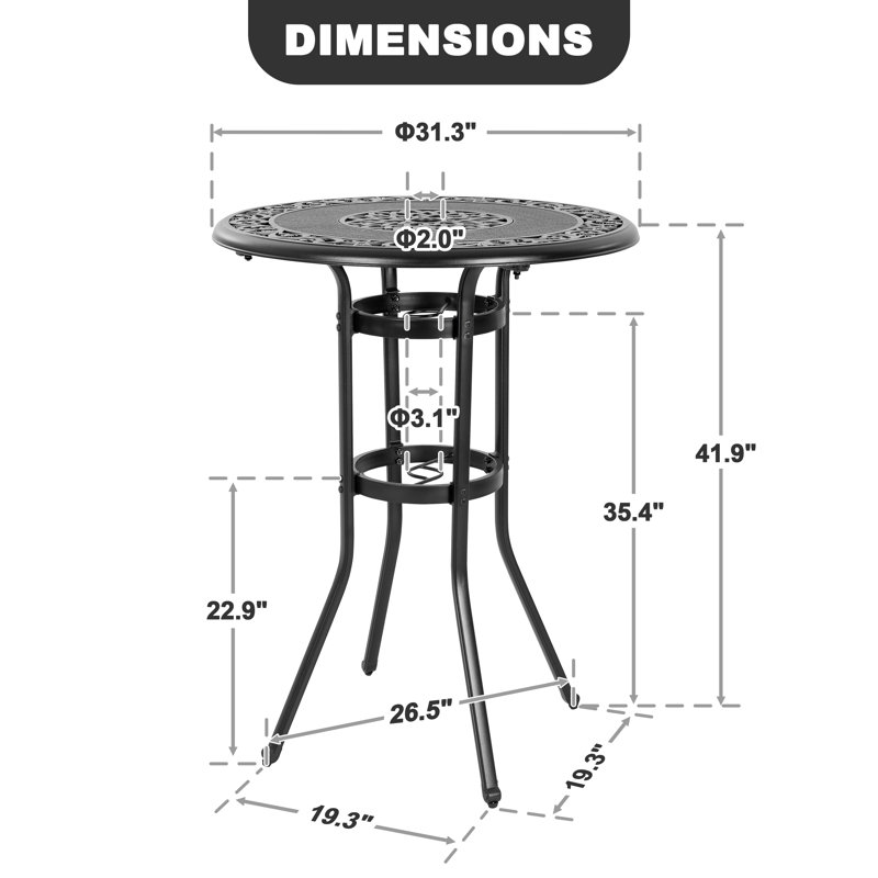 Cast Aluminum Patio Bar Table With Vintage Hollow Tabletop, Umbrella Hole