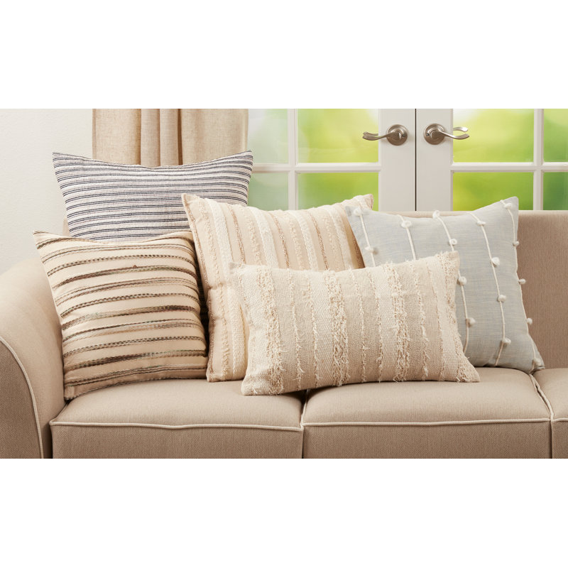 Small Beige Woven Stripe Frayed Throw Pillow