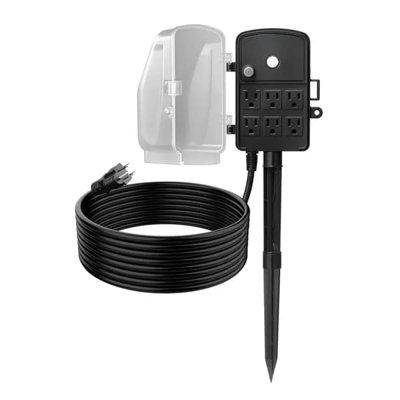 Outdoor Power Stake, 15 FT Extension Cord, Outdoor Power Strip Weatherproof with Cover and Overload Protection, 6 Outlets, 15A/1875W, Waterproof Multi-Outlet Yard Stake for Christmas Lights
