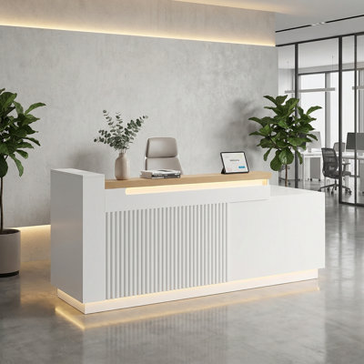 Bureau de réception en L 86,6 "moderne avec DEL et chargement intégré, comptoir de caisse blanc pour salon, commerce de détail, bureau