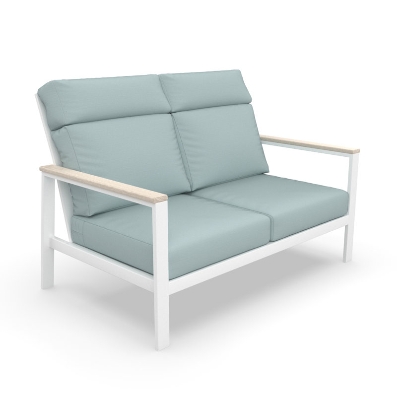 Townsend Metal Outdoor Loveseat With Sunbrella Cushion, Bliss Dew, White
