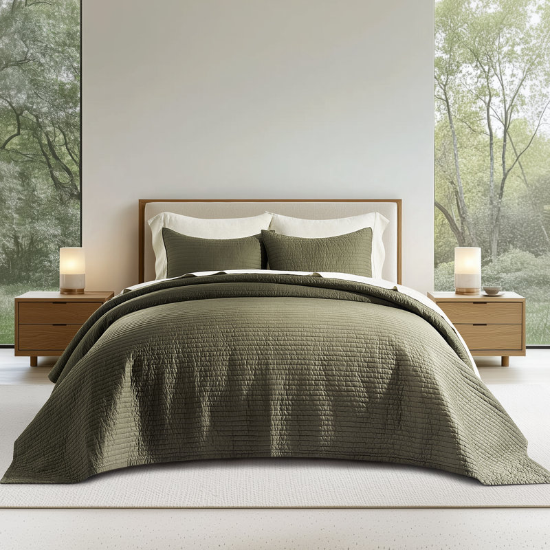 Ensemble de courtepointe en coton et satin, Courtepointe pour lit grand + deux taies décorati, Vert olive