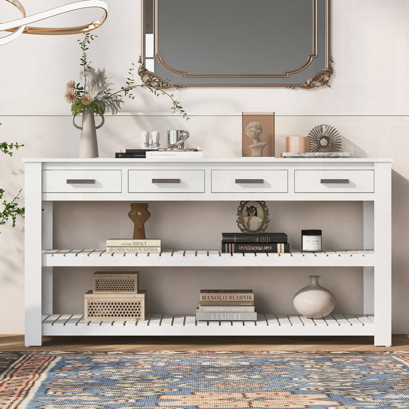 Élégante console d'entrée avec 4 tiroirs et 2 tablettes, idéale pour les décors modernes et rétro, Blanc