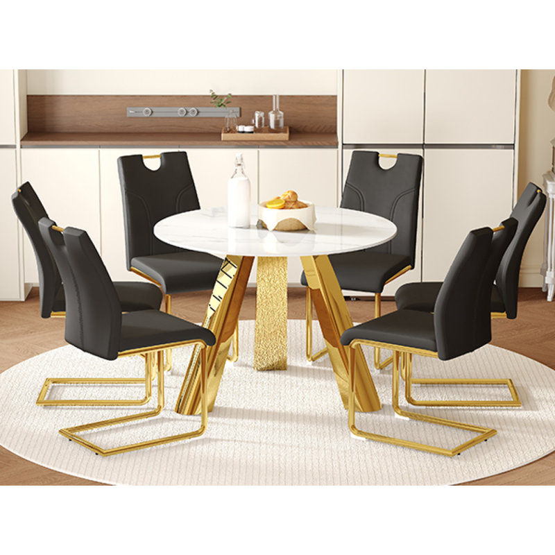 Ensemble de salle à manger moderne 42 po en pierre frittée de luxe avec base en métal doré et 4 chaises rembourrées en polyuréthane noir Elegant Contemporary