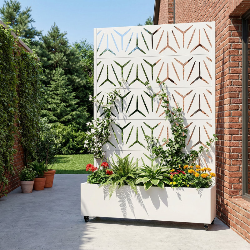 Metal Planter Box with Trellis with Wheels, 72" H x 47" W x 16" D, White