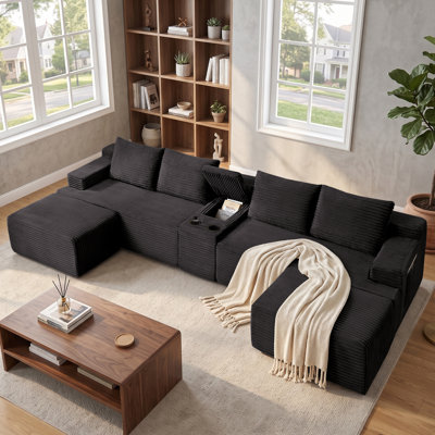140" U-Shaped Boneless Sectional with Console, 2 Ottomans, Comfy Corduroy Cloud Sofa for Living Room, No Assembly