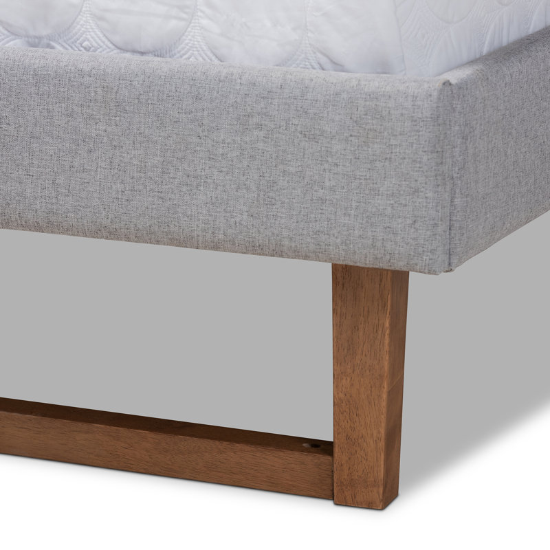 Artesha Mid-Century Modern Light Grey Fabric Upholstered And Ash Walnut Finished Wood King Size Platform Bed, King, Brown
