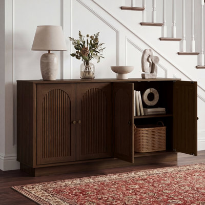 Buffet avec rangement, armoire de rangement arquée cannelée avec tablettes réglables, bar à café modulaire en bois, console moderne pour le salon, la cuisine, la salle à manger, l'entrée, brun