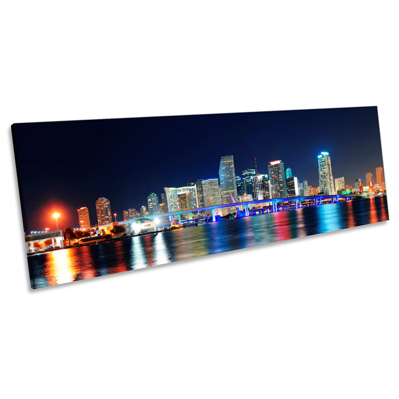Miami Night Skyline Florida - Wrapped Canvas Panoramic Print, 30.48cm H x 91.44cm W x 2cm D