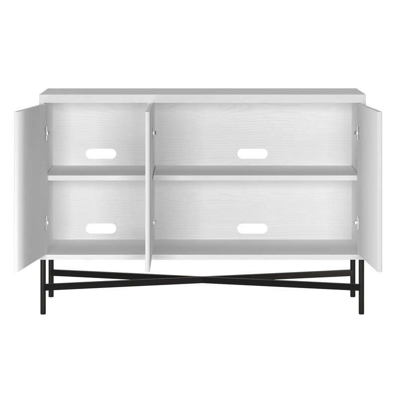 Buffet cannelé de 122 cm avec étagères réglables et système de gestion des câbles — Meuble de rangement scandinave blanc pour salle à manger ou salon | Dodson
