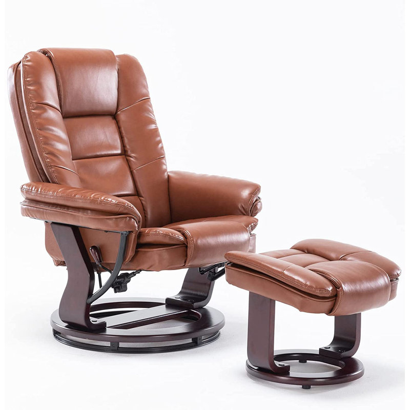 32" Contemporary Leather Recliner and Ottoman with Swiveling Mahogany Wood Base, Brown