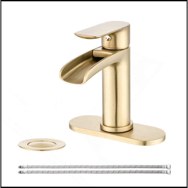 Waterfall Bathroom Faucet Single Handle Bathroom Sink Faucets 1 Or 3 Hole Solid Vanity Faucet With Deck Plate & Overflow Pop Up Drain Brushed Nickel
