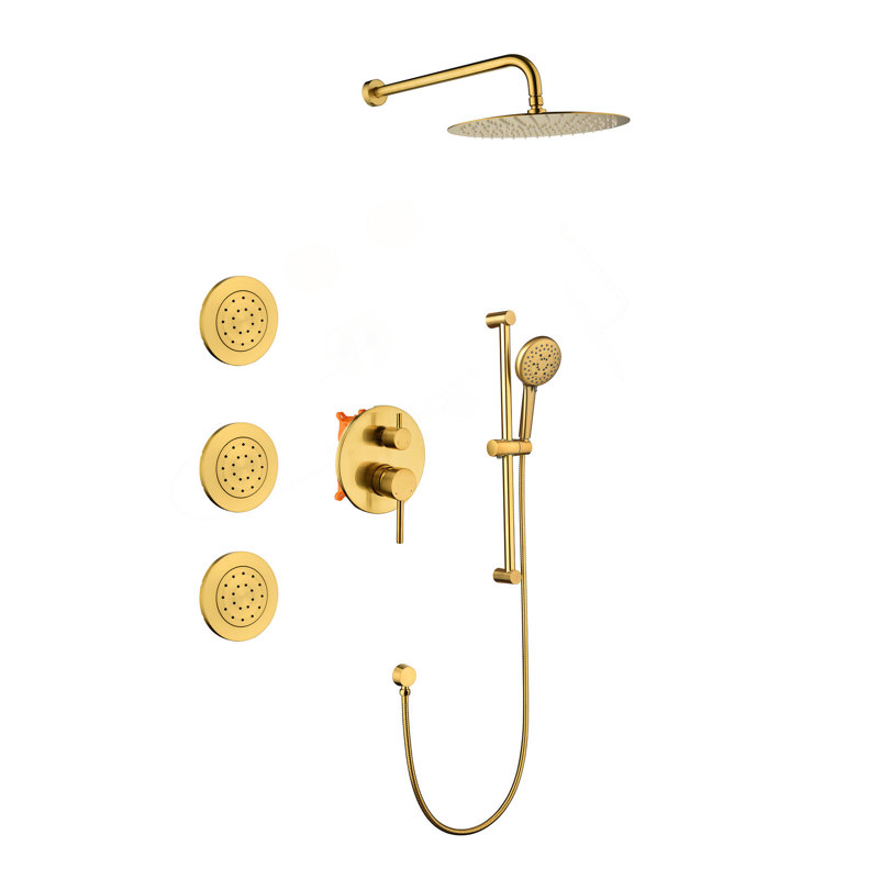 Shower System With Shower Head, Hand Shower, Slide Bar, Bodysprays, Shower Arm, Hose, Valve Trim, And Lever Handles, Gold