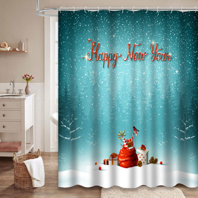 Happy New Year Red Forest Christmas Winter Shower Curtain with 12 Hooks