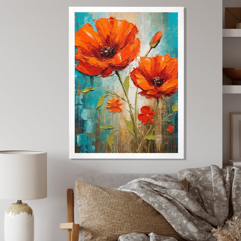 «Blossoming Red Poppes On Teal Sky», reproduction sur toile, Cadre simple blanc, H 32 po x l 24 po x P 1 po
