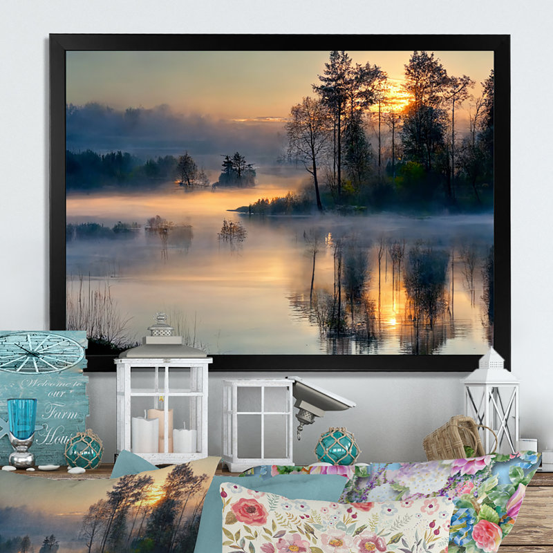 Rasheed matin brouillard au-dessus du lac coucher de soleil II - art mural lac, Cadre simple noir
