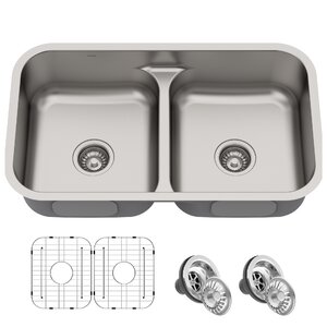 KRAUS Premier 32-inch L 16 Gauge Undermount 50/50 Double Bowl Stainless Steel Kitchen Sink