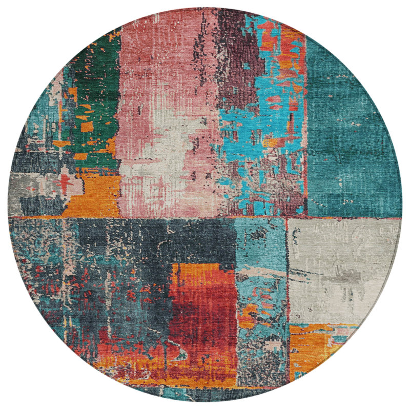 Tapis bleu sarcelle lavable à la machine intérieur / extérieur Xhevrie, Rond 8 pi