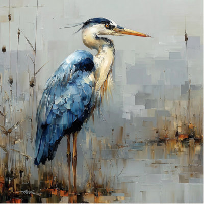 Graceful Blue Heron by the Reeds - Wrapped Canvas Wall Art