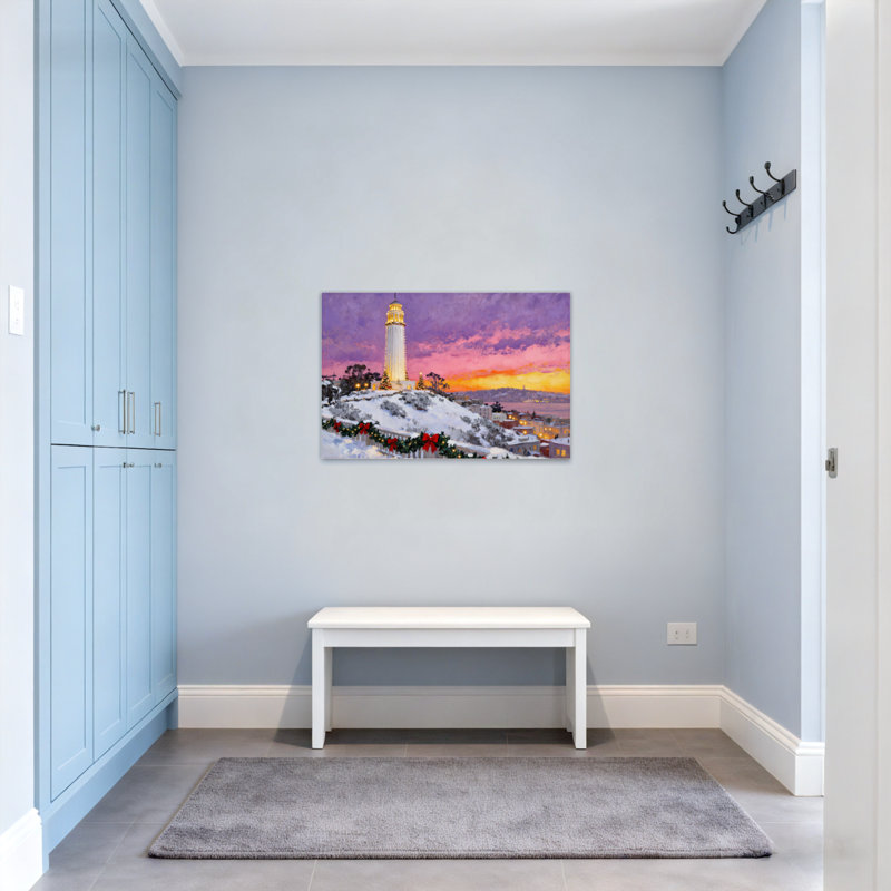 Scène de Noël au coucher du soleil avec la neige et les lumières, H 12 po x l 18 po