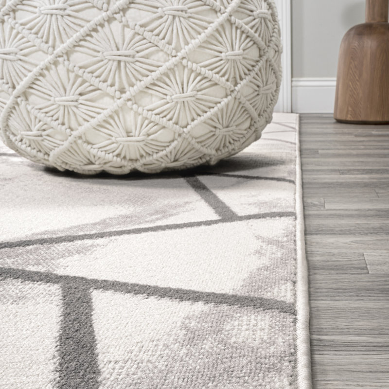 Gray and Ivory Geometric Washable Rectangular Rug