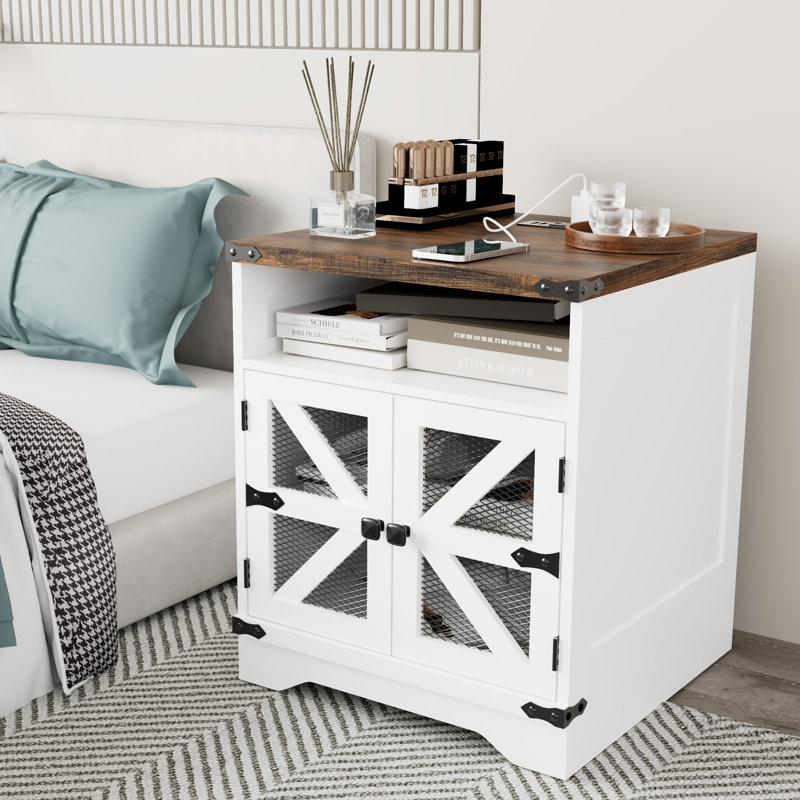  Square Rustic Barn Door Nightstand With Charging Station, 23.8''H X 20''W, Featuring Open Storage & Farmhouse Style Design