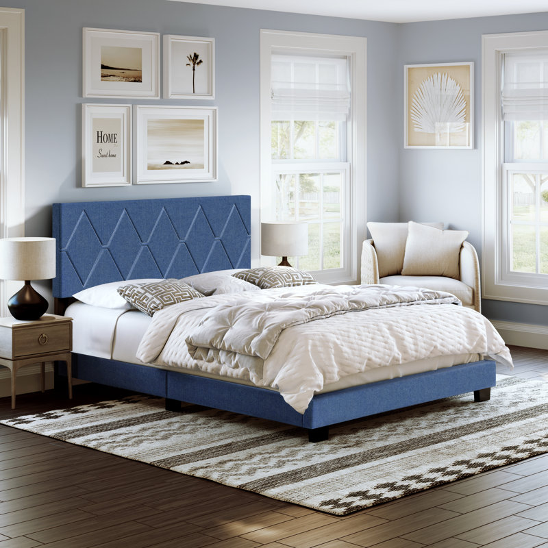Diamond Linen Upholstered Platform Bed Frame with Adjustable Headboard - Boyd Sleep, King, Blue
