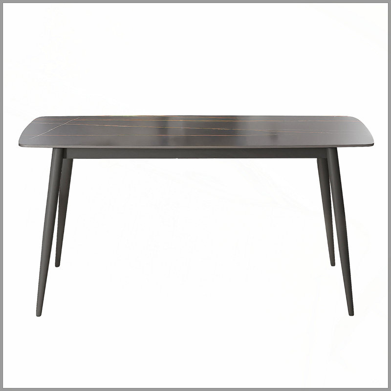 Table de salle à manger moderne en pierre artificielle avec bord incurvé et pieds en métal noir, pour 6 à 8 personnes, Black