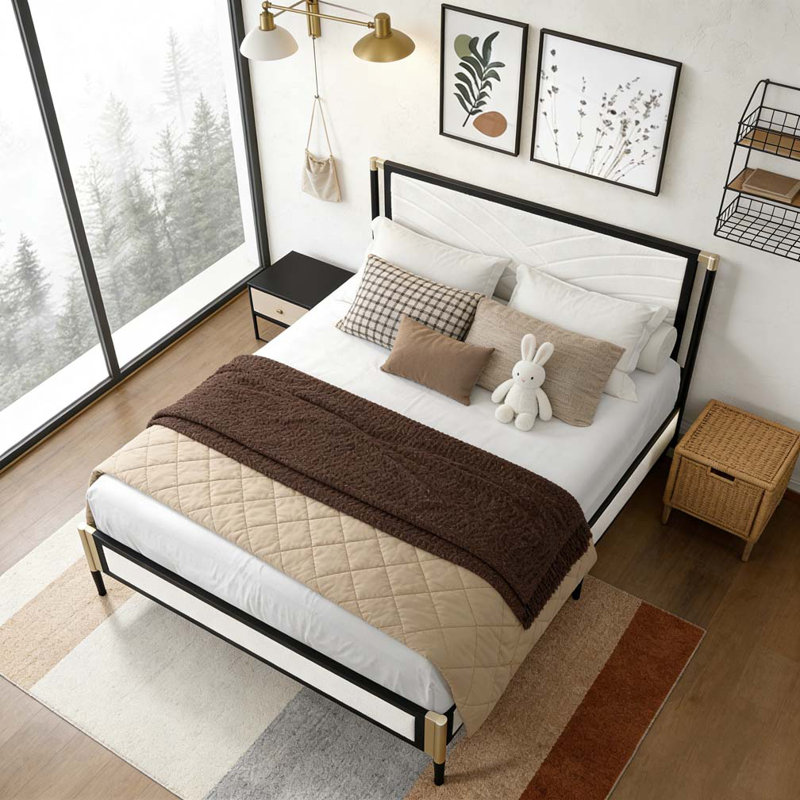 Bed with White Boucle fabric Headboard, Queen