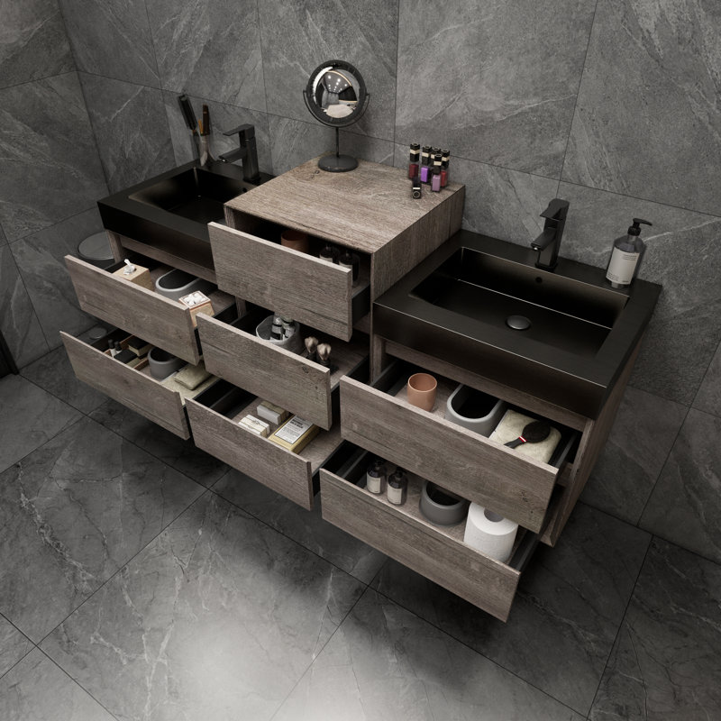Ensemble de meuble-lavabo mural double avec plateau en métal 66,5 po Ayami, Chêne gris