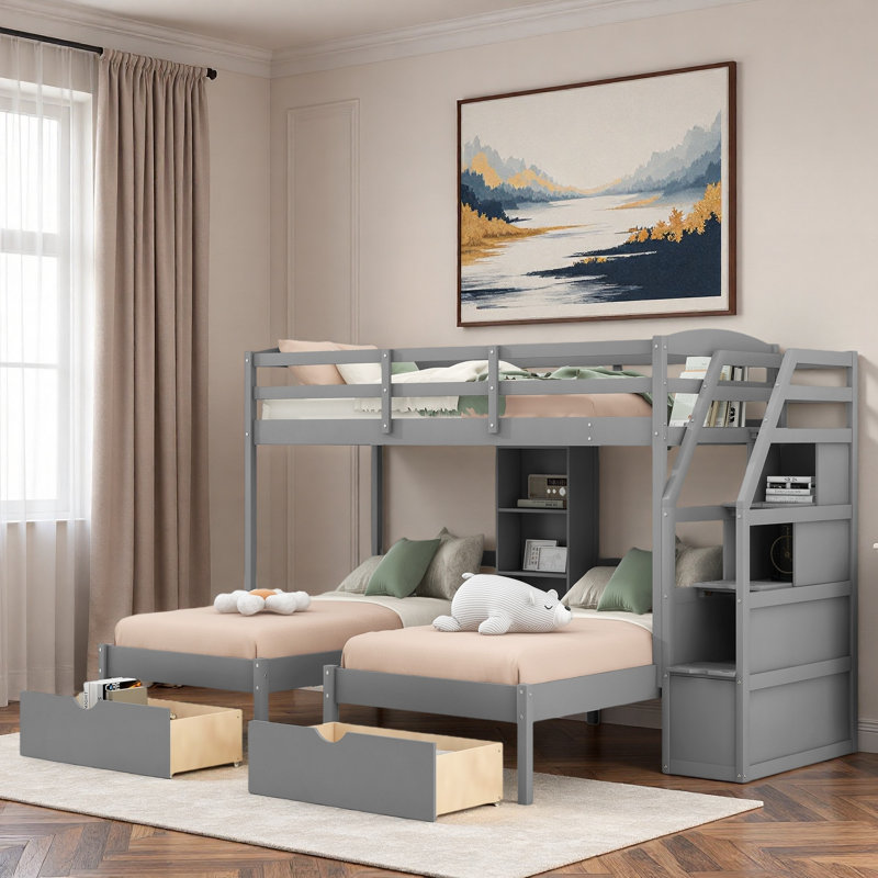 Lit superposé avec tiroirs, escalier de rangement et tablettes intégrées