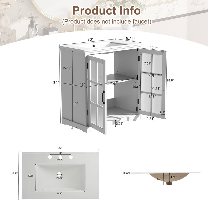 Meuble-lavabo simple 30 po avec comptoir en céramique, Blanc