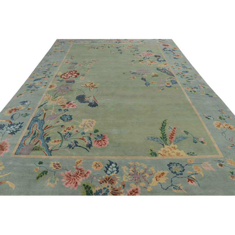 Rug & Kilim’S Oversized Chinese Art Deco Style Floral Rug In Green And Blue, Rectangle 9'10" x 14'2"