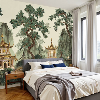 Peel and Stick Wallpaper 144" W x 100" H Modern Self Adhesive Wall Mural for Bedroom Vintage chinoiserie landscape seamless Chinese pagoda mountain tree