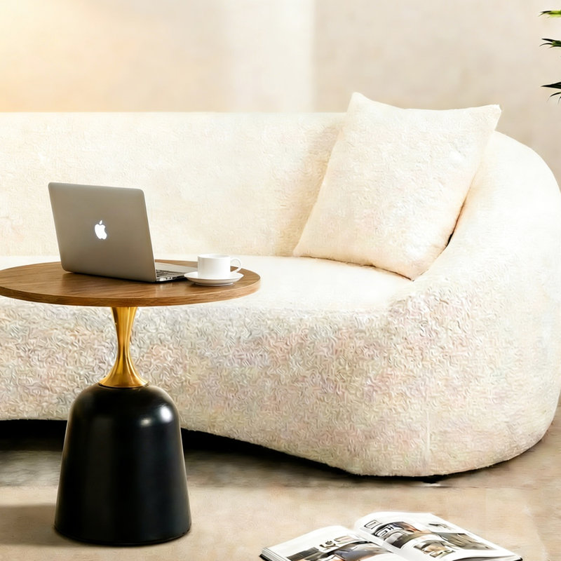 Table ronde en noyer de 23,6 pouces, base en métal, conception nordique, confortable pour diverses activités dans une chambre à coucher avec grain de bois de café, style, salon idéal
