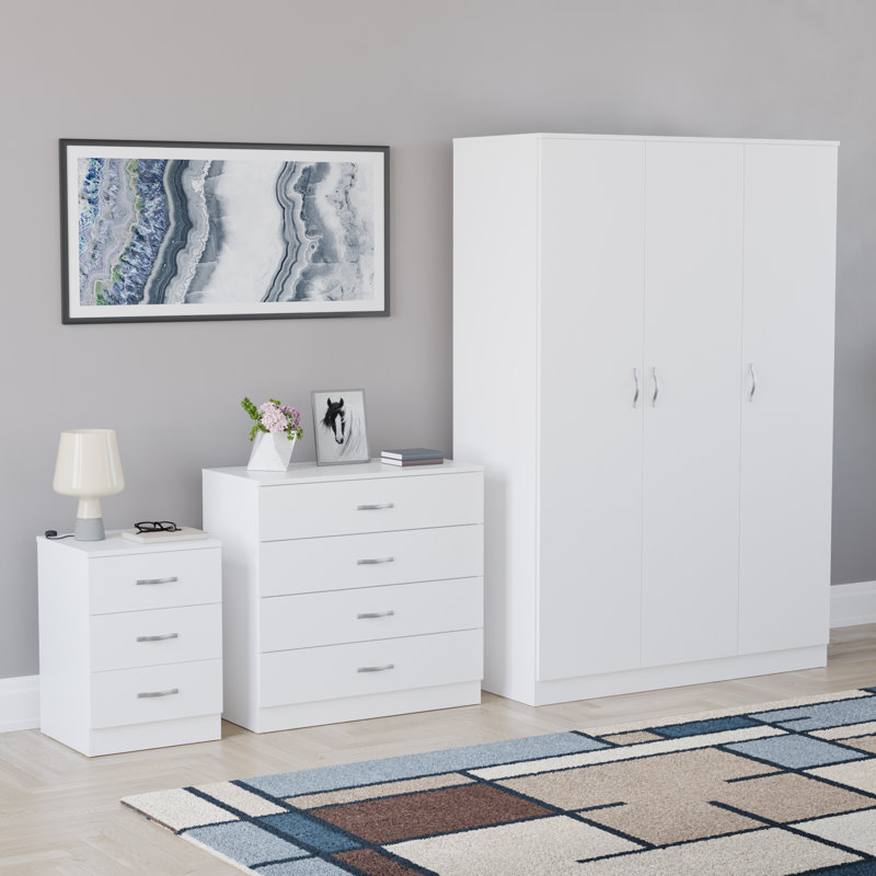 Maybery 3 Piece Bedroom Set (3 Drawer Bedside Chest, 4 Drawer Chest, 3 Door Wardrobe), (5), White