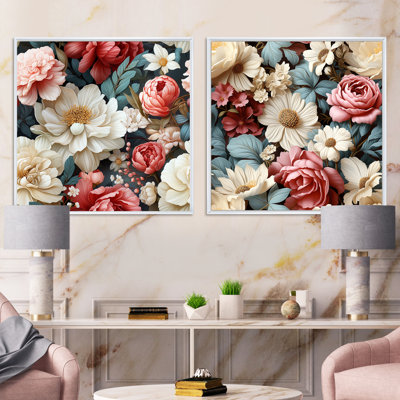Vintage pivoines bohème rétro - ensemble de 2 collages floraux carrés