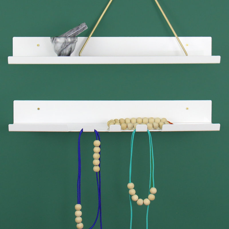 Metal Floating Shelf With Hooks, 3" H x 24" W x 5.37" D, White