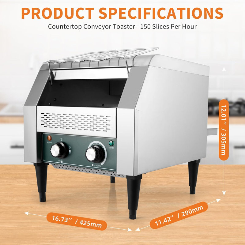 High-Capacity Conveyor Toaster with Timer, 7-Temperature Settings, 300 Slices/Hour, 1800W, 110V, 150 tranches / h, 1300W 110V