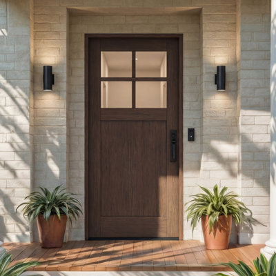 CRF-P1G4-SW-80_1 | 37.75" x 82" Single Door, RTA Prehung Exterior, SDL 4 Lite, 1 Panel, Unfinished Mahogany Wood