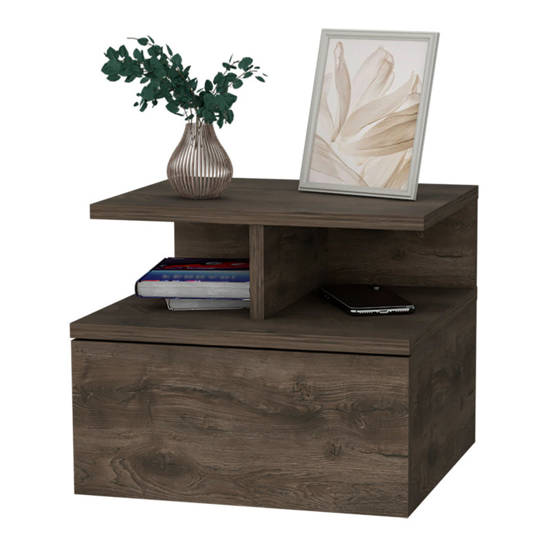 Table de chevet en noyer foncé à 2 tablettes pour un espace de vie organisé avec 2 tiroirs et 2 tablettes, Walnut