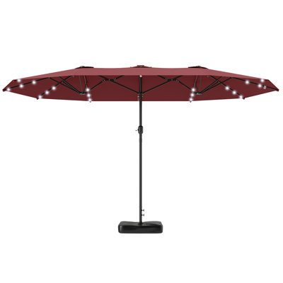 Garden Parasol 14.4ft Double-Sided Sun Umbrella with Base, Patio Parasol with LED Solar Lights, Wine Red