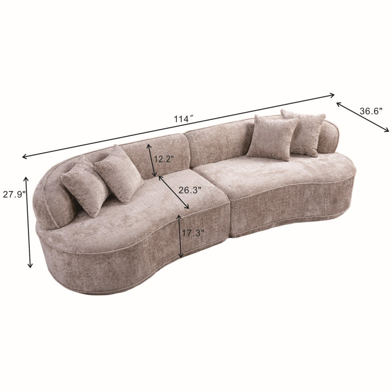 114" Modern Curved L-Shaped Modular Chenille Sofa With 4 Pillows, Camel