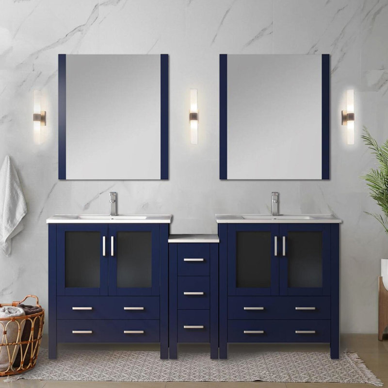 72 po W Double meuble-lavabo bleu marine avec comptoir en céramique blanc, robinet, fermeture en douceur et nombreuses options de rangement dans la salle de bain Armoire latérale, robinet inclus, fermeture, comptoir