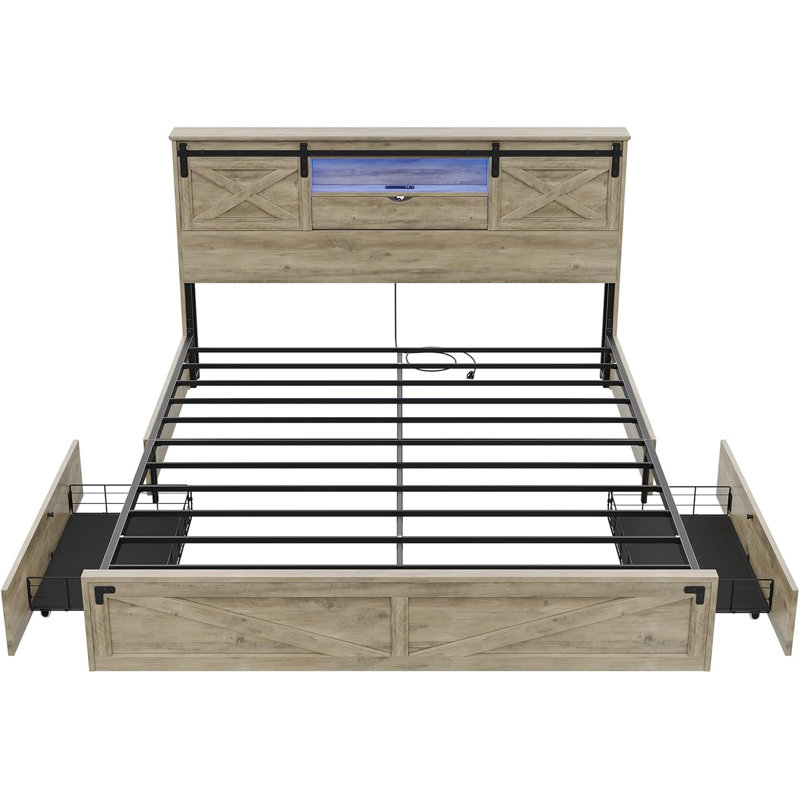 Farmhouse Bed Frame With Led Lights And Charging Station, Wooden Platform Bed With 2 Storage Drawers, Rustic Accent Headboard With Sliding Barn Door Storage Cabinets, White